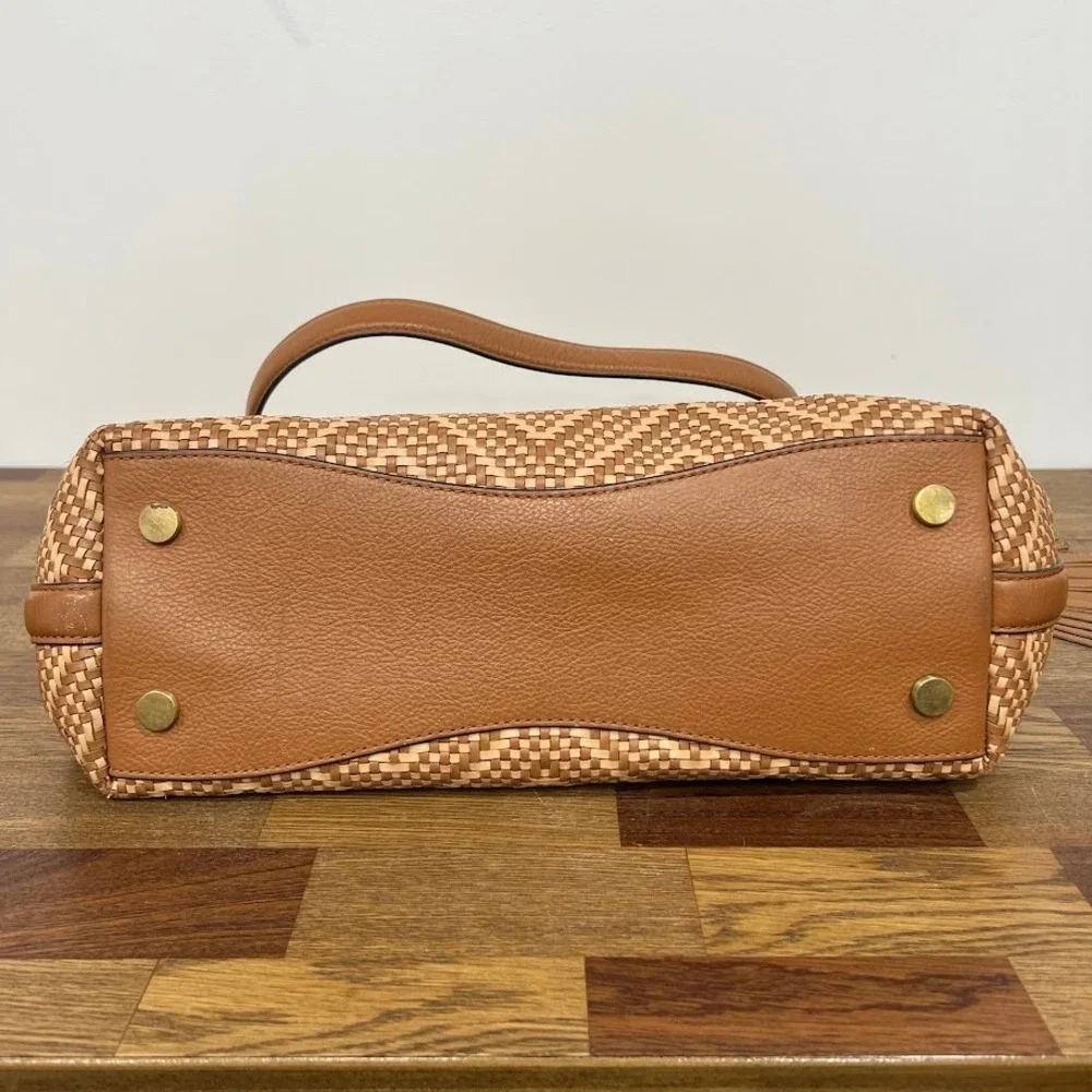 Michael Kors Brooklyn Woven Chevron Leather Shoulder Bag Tan Brown Tassel Hobo